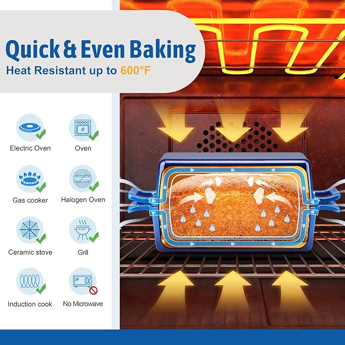 P&P CHEF 2 In 1 Enameled Cast Iron Loaf Pan with Lid, 9 x 5 Inch Bread Loaf Pans for Baking Homemade Sourdough Bread, Meatloaf, Toast, Cake, Nonstick & Healthy & Sturdy, 2 Piece Set - Blue