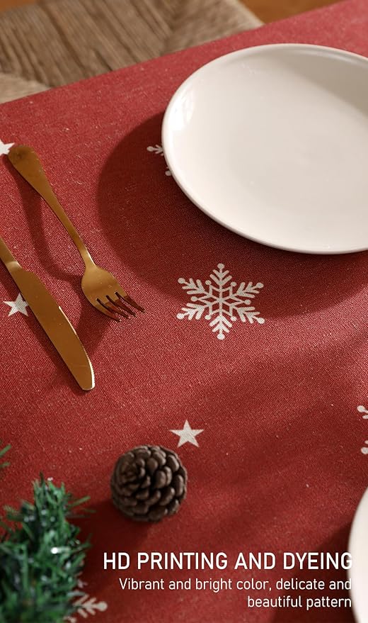 ISAENNE Designer Christmas Red Long Tablecloth Rectangular,Linen Table Cloth with Snowflakes Pattern,Wrinkle Resistant Decor Tablecloths for Dining Kitchen Thanksgiving Christmas,63"*94"-Carol C