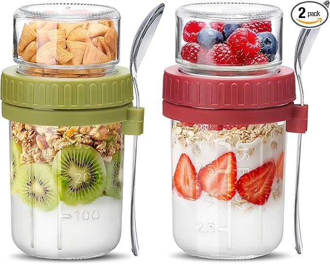 Danmu 2 Pack Overnight Oats Containers with Lids 16 oz,Dual-Layer Yogurt Parfait Cups with Lids,Meal Prep Containers Glass for Snack,Overnight Oats,Yogurt,Parfait,Salad Dishwasher Safe