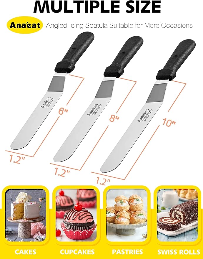 Anaeat Icing Spatulas, Set of 3 Professional Cake Angled Offset Spatula with 6", 8", 10" Stainless Steel Blades - Thickened Frosting Knife with Plastic Handle for Cake Decorating, Pastry & Baking