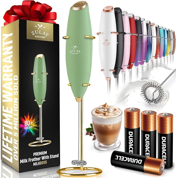 Zulay Kitchen Powerful Milk Frother Wand With 4 AA Duracell Batteries - Ultra Fast Handheld Drink Mixer - Electric Whisk Foam Maker for Coffee, Lattes, Cappuccino, Matcha & Creamer