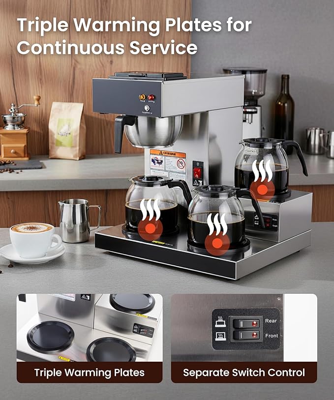 SYBO Commercial Coffee Maker 12 Cup, Pour Over Drip Coffee Maker Brewer with 3 Lower Warmers, Stainless Steel Cafetera