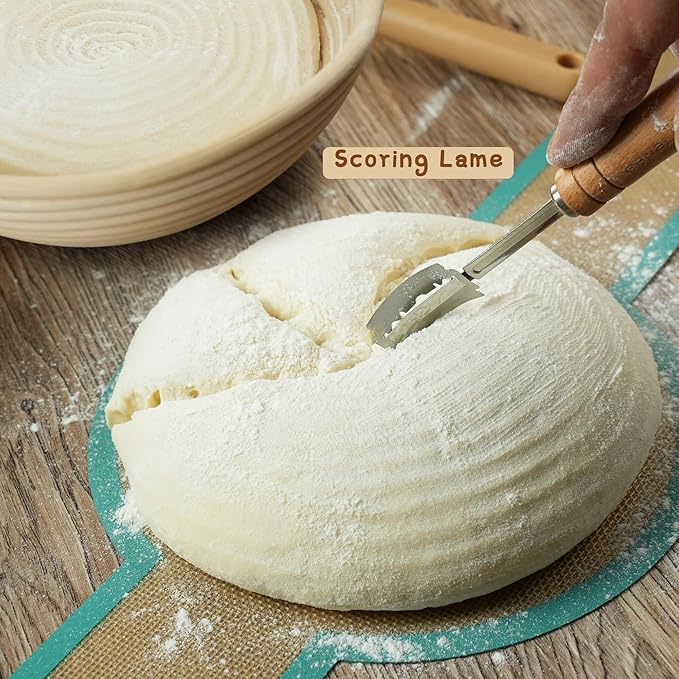 Sourdough Bread Baking Supplies Set, 10 Inch Oval Brotform & 9 Inch Round Banneton Bread Proofing Baskets with Linen Liner, Sourdough Starter Kit, Natural Rattan Shape Dough Proofing Bowl
