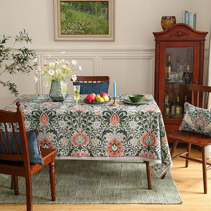ISAENNE Designer Bohemian Linen Green Rectangular Tablecloth,Floral Indoor Table Cloth,Stain Resistant Decor Tablecloths for Dining Thanksgiving Kitchen Party Christmas,55"*87"-Naples
