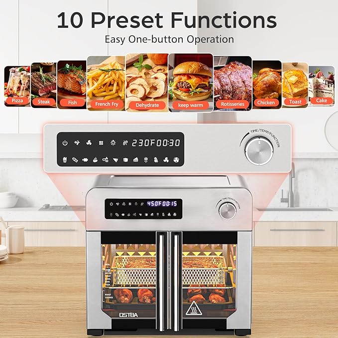 OSTBA French Door Air Fryer Toaster Oven Combo, Airfryer Convection Oven Countertop 10-in-1 Combo, 30% Faster 90% Less Oil, 102 Recipes & 7 Accessories Included 24 QT Stainless Steel