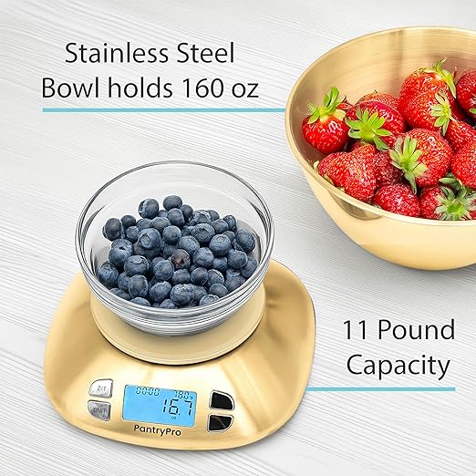 Stainless Steel Digital Kitchen Scale w. Bowl - for Food Coffee Lab - LCD Display gram Ounces lb:oz lb ml - 12 LBS/5.5 KG Capacity - Battery Included - Gold by The Display Guys