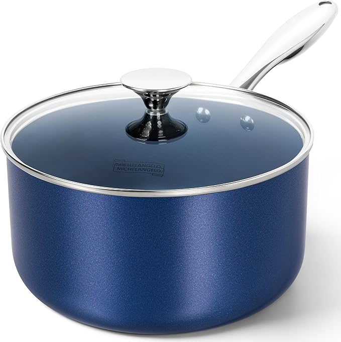 MICHELANGELO 4 Quart Saucepan with Lid, Nonstick Ceramic Sauce Pan with Stainless Steel Handle, 4 Qt Saucepan with Lid Induction Compatible, Oven Safe, Blue