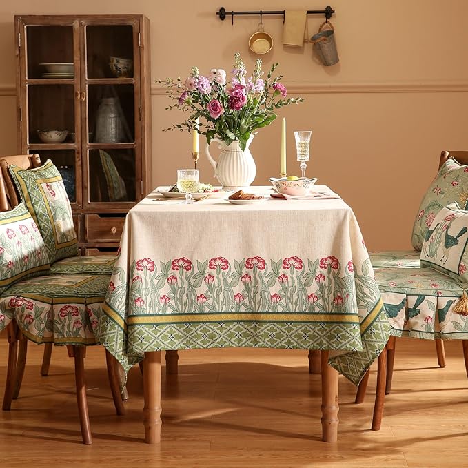patdrea Designer Green Small Tablecloth for Rectangle Table,Vintage Linen Leaves Pattern Breathable Table Cloth,Floral Cover Decor for Kitchen Dining Christmas,Thanksgiving,55"x71"-Cecilia D