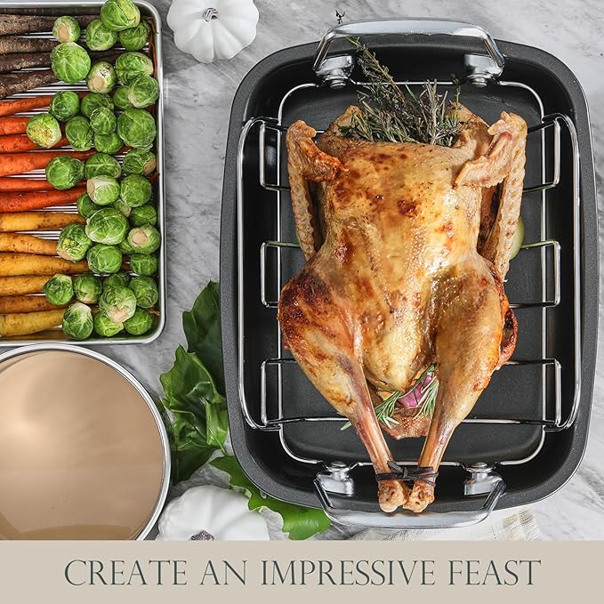 KITESSENSU Nonstick Turkey Roasting Pan with Rack, Gold