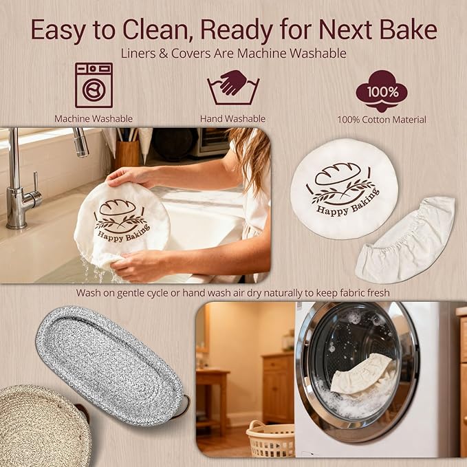 Sourdough Proofing Basket, 9" Round & 10" Oval Cotton Rope Banneton Basket Set with Washable Liners & Covers Artisan Bread Baking Supplies, Banneton Bread Proofing