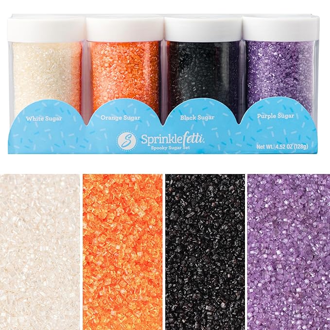 Sweets Indeed Halloween Sugar Sprinkles 4-Pack – 4.52 oz Spooky Sugar Set | White, Orange, Black & Purple Decorating Sugars | Edible Baking Decorations for Cookies, Cupcakes & Cakes