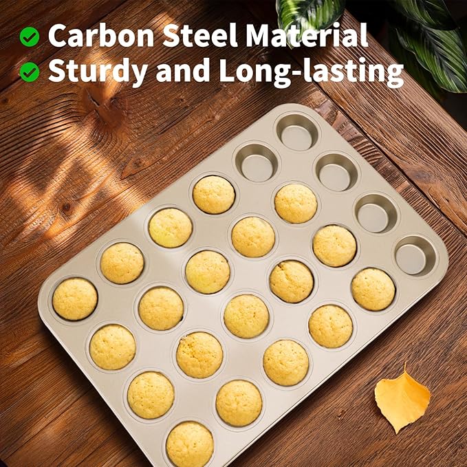 Beasea Nonstick Mini Muffin Pan 24 Cups, 2 Pack 24 Mini Small Tiny Cup Non Stick Muffin Baking Pan Tin Tray Carbon Steel Bakeware Individual Cupcake Baking Pan - Gold
