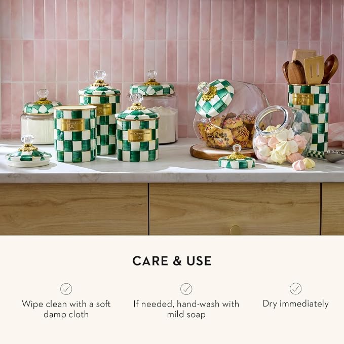 MACKENZIE-CHILDS Large Kitchen Canister, Decorative Glass Storage Jar with Lid, Green-and-White Emerald Check