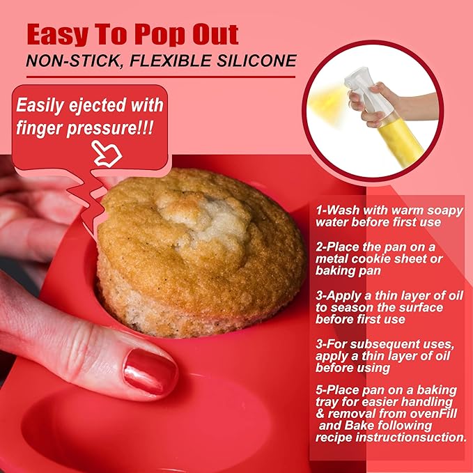 12 Cup Silicone Muffin Pan，Regular Size Cupcake Pan Great for Making Muffin Cakes, Bread, Tart - Piping Bags and Tips Set，Silicone Baking Cups-2 Pack