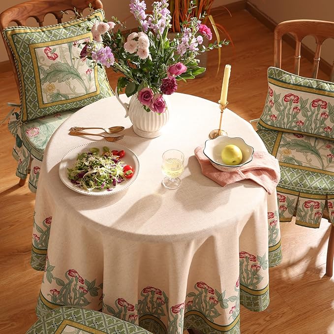 patdrea Designer Green Tablecloth for Round Table,Vintage Linen Leaves Pattern Table Cloth,Floral Cover Fall Decor for Kitchen Dining Christmas,Thanksgiving,Diameter 67"-Cecilia D