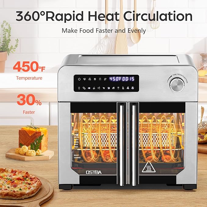 OSTBA French Door Air Fryer Toaster Oven Combo, Airfryer Convection Oven Countertop 10-in-1 Combo, 30% Faster 90% Less Oil, 102 Recipes & 7 Accessories Included 24 QT Stainless Steel