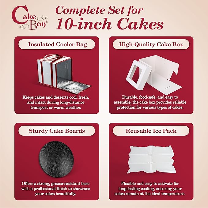Cakebon Cake Box and Boards, 10-Inch Round Black Wrapped Edges 1/2- Inch Thick Drums with Insulated Bag and Ice Pack – Cake Transport Set, Cooler for Cake Delivery and Transport (1pc Each, 4pcs Total)