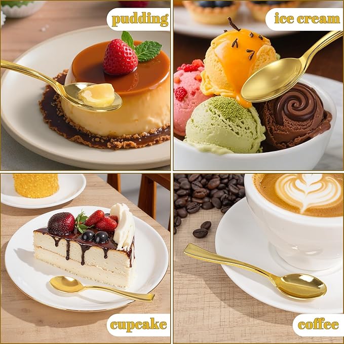 WDF 300PCS Plastic Gold Mini Spoons - 4 Inches Gold Plastic Desserts Spoons, Heavy Duty Disposable Spoons Perfect for Coffee, Cake, Appetizers,Ice Cream,Wedding,Thanksgiving
