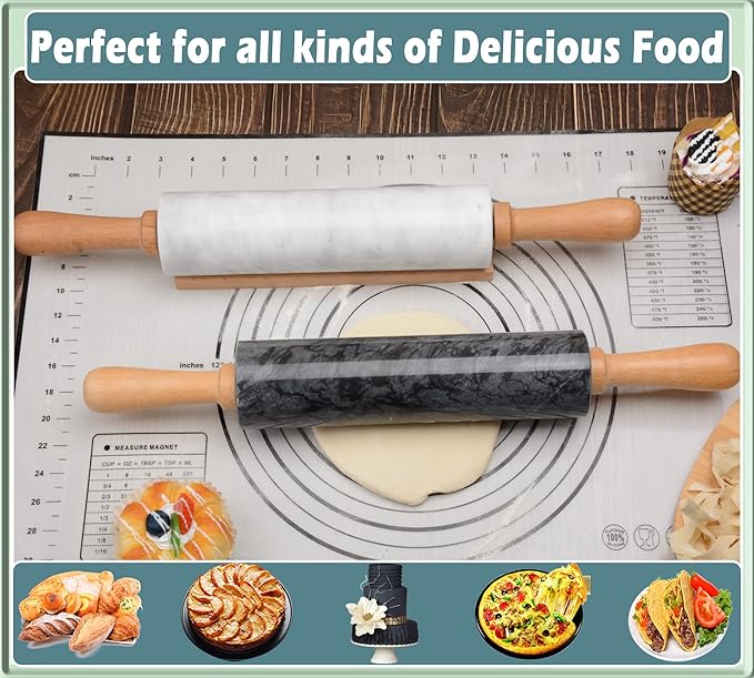 Marble Rolling Pin with Wooden Cradle Thick Handle Set for Baking,18.5 inch Premium Quality Polished Roller for Pizza Dough,Fondant,Pie Crust,Non-Stick Surface Easy to Clean(Black)