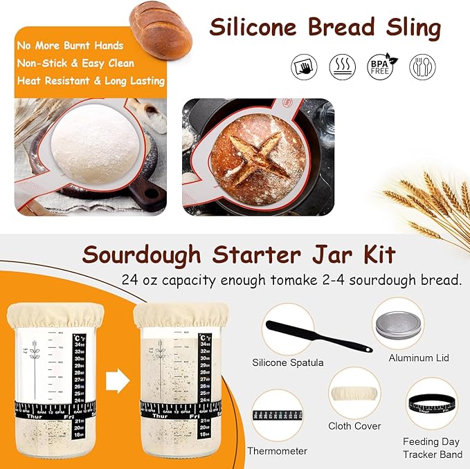 Sourdough Starter Kit, Sourdough Bread Baking Supplies, Cotton Rope Banneton Bread Proofing Basket Set with Sourdough Starter Jar for Bread Making Baking, Sour Dough Kit Tools Gifts for Bakers Women
