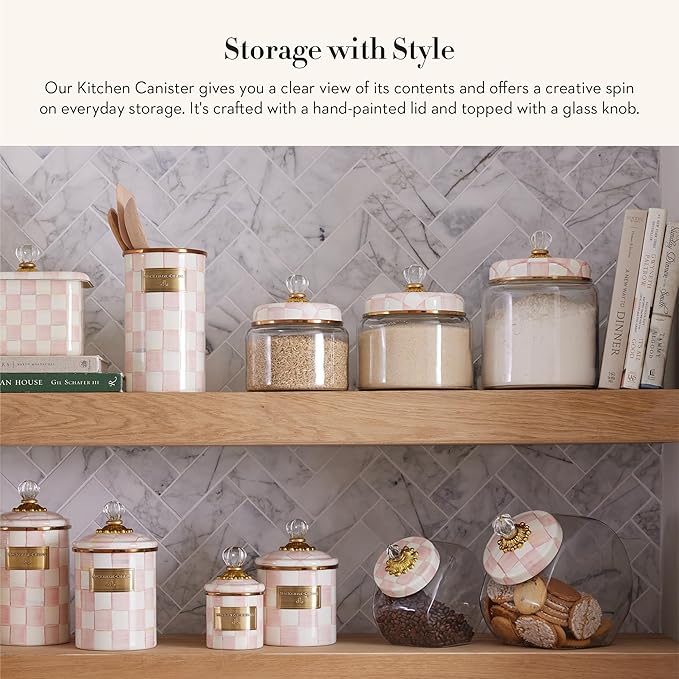 MACKENZIE-CHILDS Rosy Check Kitchen Canister, Decorative Pink-and-White Glass Storage Jar with Lid, Large