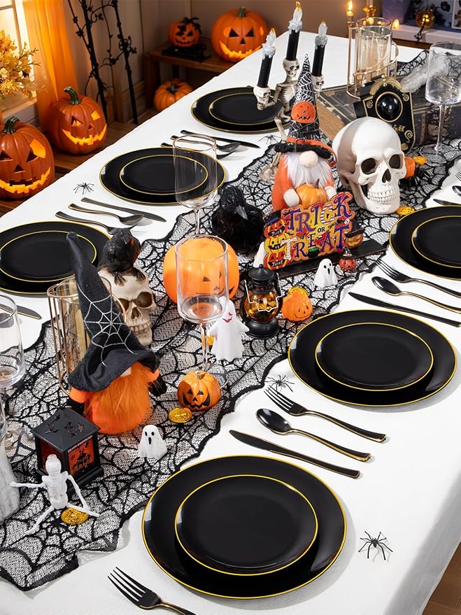 WDF 180 Pieces Black and Gold Plastic Silverware -Halloween Black Plastic Cutlery Incluede 60 Forks 60 Knives 60 Spoons Heavy Duty Disposable Flatware - Gold Utensils for New Year/Party/Daily Use
