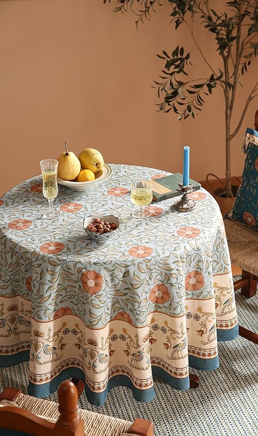 patdrea Designer French Linen Blue Round Table Cloth,Vintage Floral Tablecloth,Colorful Decoration Fall Table Cover Kitchen Dining for Tea Party,Thanksgiving,Christmas,Diameter 55"-Wensel