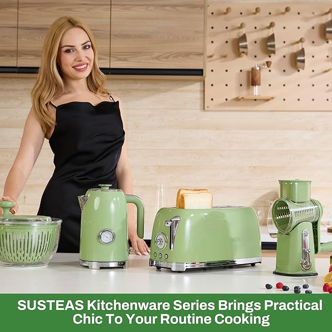 SUSTEAS Toaster 4 Slice Wide Slot, Stainless Steel Bread Bagel Toasters, Retro Long Slot Tostadora for Defrost, Reheat, Removable Crumb Tray, 1500W, 6 Browning Settings, Retro Green