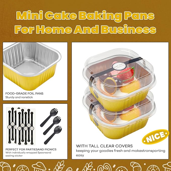50 Pack Mini Cake Pans with Lids and Spoons Aluminum Foil Pans Square Cake Tins for Bakery Party Wedding (Gold,5 oz)