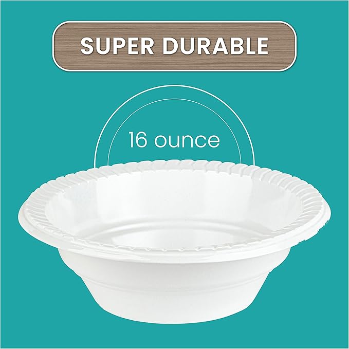 PLASTICPRO Round Plastic Bowls Microwaveable, Disposable, White, (50, 16 ounce)