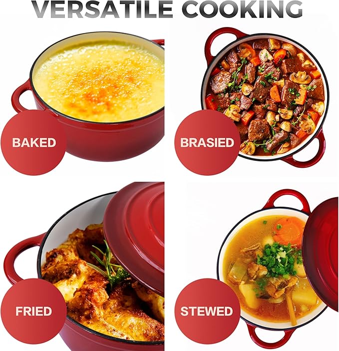 Trustmade 3 QT Cast Iron Dutch Oven, Enamel Coated Cookware Pot with Self Basting Lid for Home Baking, Braiser, Cooking, Red