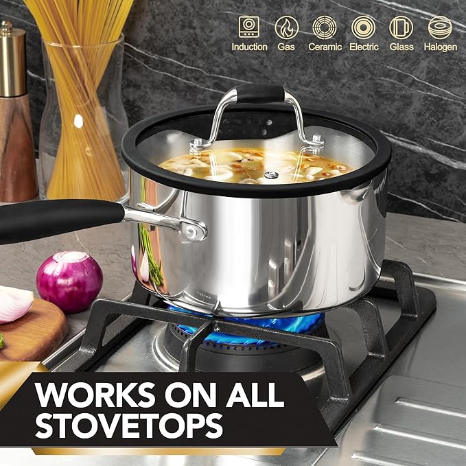 MICHELANGELO Triply Stainless Steel Saucepan Set with Strainer Lid, Heavy-duty Sauce Pan with Lid, Multipurpose Sauce Pot Induction Compatible - 1QT & 2QT & 3QT