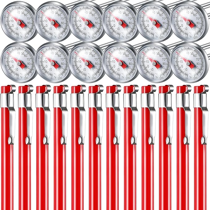 Xuhal 12 Pcs Stainless Steel Kitchen Thermometer with 5 Inch Long Stem 1 Inch Dial Thermometer Milk Frothing Food for Oven Probe Meat Grill BBQ Cooking Chocolate Water (Red)