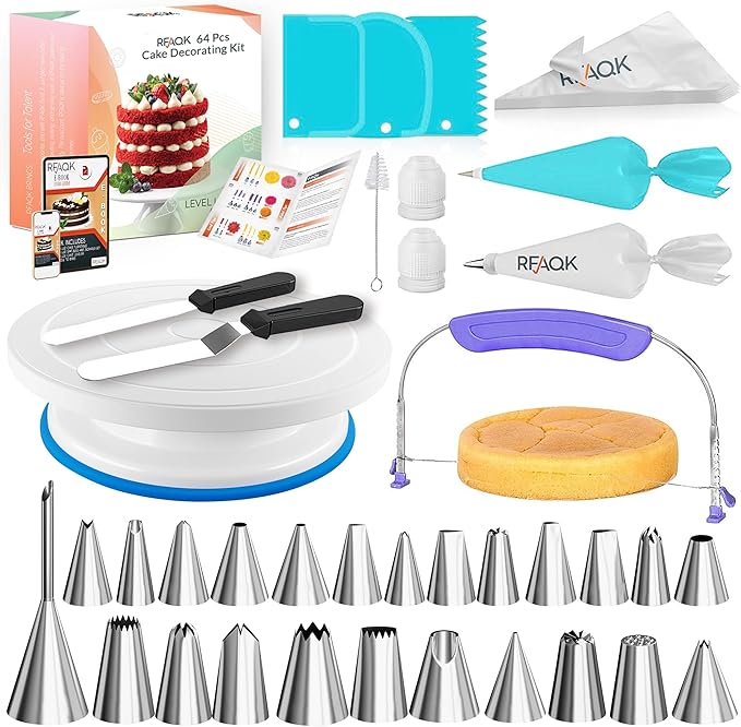 RFAQK 64PCs Cake Decorating Kit with Leveler, Baking Supplies Gift Includes Cake Stand Turntable, 24 Numbered Icing Tips, 30+1 Piping Bags, 2 Frosting Spatulas, 3 Scrappers, Video Course & Booklet