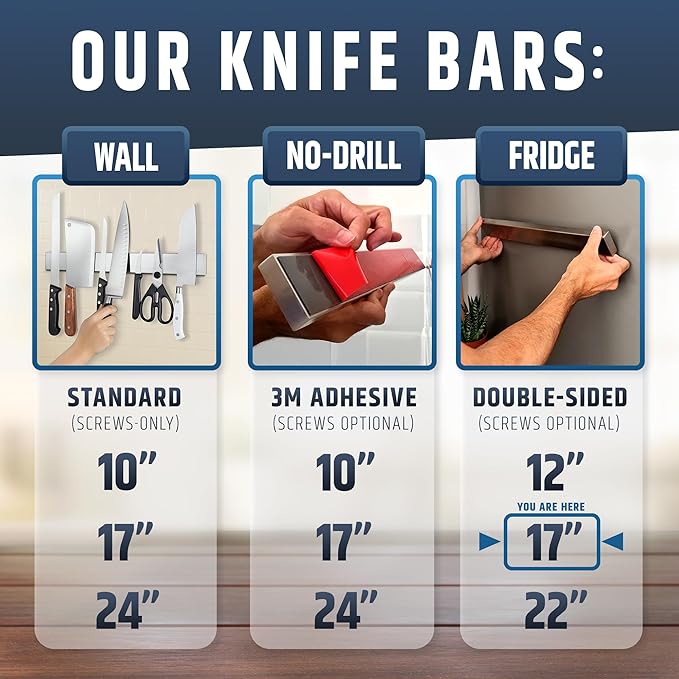 17" Premium Magnetic Knife Holder for Refrigerator (Double-Sided Heavy-Duty Magnets) - Upgraded Strip for Strong Fridge Mount - Clear Up Counter Space - 304 Anti-Rust Stainless Steel (Upgraded Design)