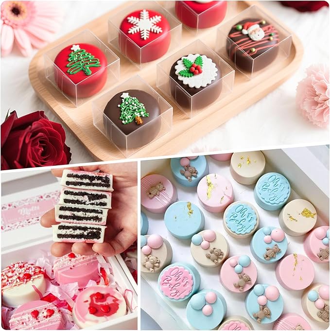 MGWOTH Chocolate Covered Mold Set: 3PCS Silicone Cookie Mold with 50 Clear Treat Boxes, Round Baking Mold for Oreos,Candy, Rice Crispy, Mini Cake, Individually Wrapped Cakesicle Party Favor Packaging