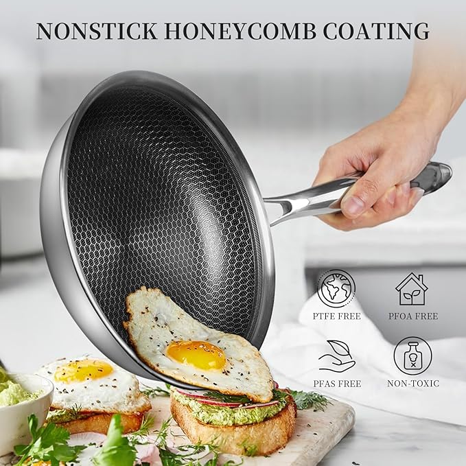 Innerwell 6 Piece Stainless Steel Frying Pan Set with Lids, Nonstick Honeycomb Frying Pan Set, 3pcs W/Stay Cool Handle, Skillet Works Pan for Cooking with Induction, Gas, Ceramic & Electric Stovetops