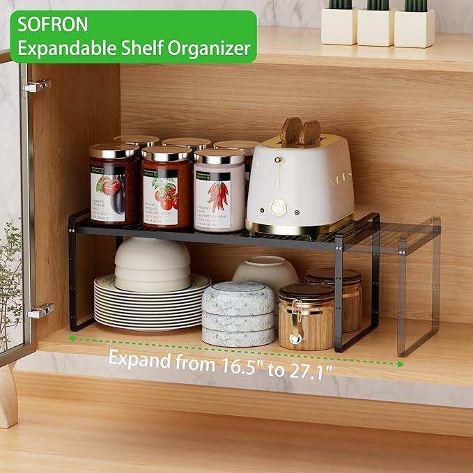 Expandable Cabinet Storage Shelf Stackable Organizer Rack for Kitchen Bathroom Pantry Spice Cupboard Coffee Countertop Home Office Desk Heavy Duty Nonslip Black Small 3 Packs