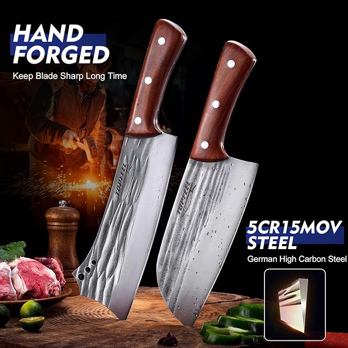 2PCS Meat Cleaver & Heavy Duty Bone Chopper Knife Set, Hand Forged German High Carbon Stainless Steel Butcher Knife for Home Kitchen & Outdoor
