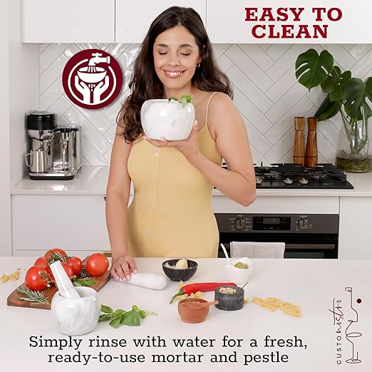 Gusto Nostro Natural Marble Mortar and Pestle Set | 5 Inch - 2.5 Cup Large Mortar Pestle Set for Grinding Herbs, Nuts, Grains | Pesto Grinding and Guacamole Stone Bowl | Marble Spice Crusher
