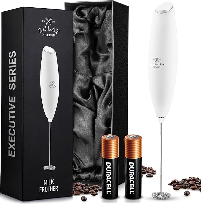 Zulay Milk Frother Wand – Handheld Electric Coffee Frother, Battery Operated Drink Mixer – 13,000 RPM Titanium Motor, Detachable Whisk, Easy Clean Foam Maker for Latte & Matcha – Executive White