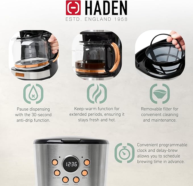 Haden Heritage 4 Slice Wide Slot Stainless Steel Toaster Bundled with 12 Cup Programmable Drip Coffee Maker Coffee Machine, Steel & Copper