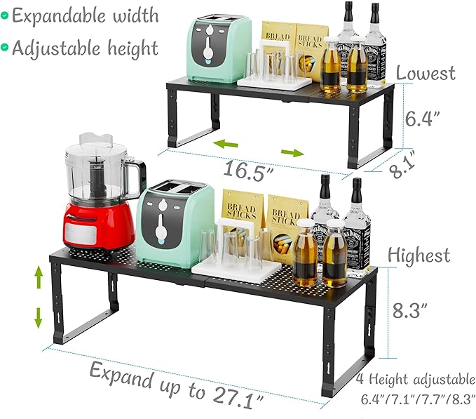 Adjustable Expanable Stackable Spice Rack Shelf Pantry Storage Organizer for Kitchen Cabinet,Countertop,Bathroom and More.Space is no Longer Limited(2Packs/Black/Medium)