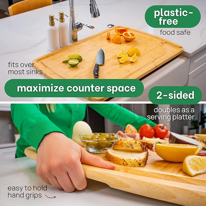 GREENER CHEF 30 Inch 3XL Extra Large Cutting Board with Lifetime Replacements - Oversized Bamboo Stove Top Cover Noodle Board - Wooden Meat Cutting Board - Turkey Carving Board - Charcuterie Board