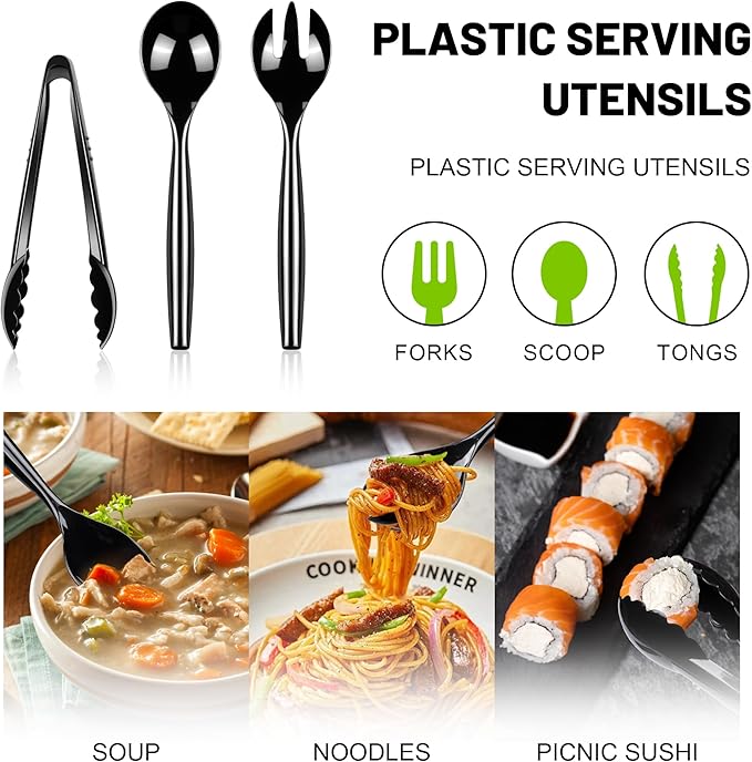 Dualshine 24 Pcs Disposable Black Plastic Serving Utensils,8 Set Including 9.72" Plastic Serving Spoons, Forks and 8.46" Tongs, for Dinner Parties, Buffets,Banquets, Events, Weddings, and Daily Use
