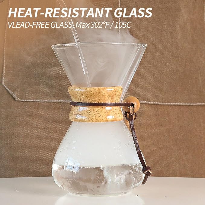 Pour Over Coffee Maker 27 OZ, 8 Cup Borosilicate Glass Drip Coffee Maker with Reusable Stainless Steel Filter and Cork Grip for Home Café 800 ML