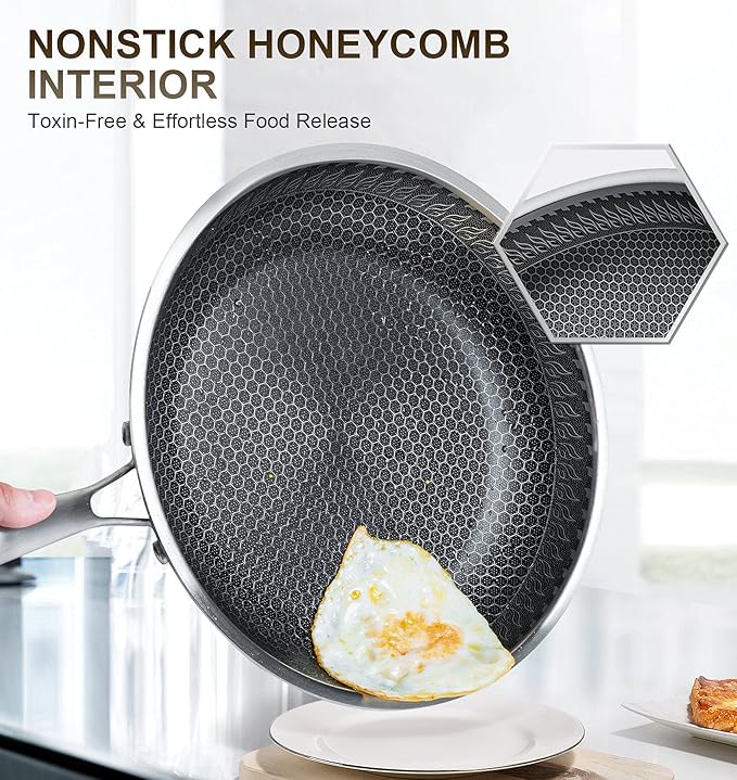 MICHELNAGELO Nonstick Frying Pans Set, Stainless Steel Frying Pan with Lid, 10 & 12 Inch Stainless Steel Pans with Honeycomb Coating, Large Frying Pan, Nonstick Skillet Induction Compatible
