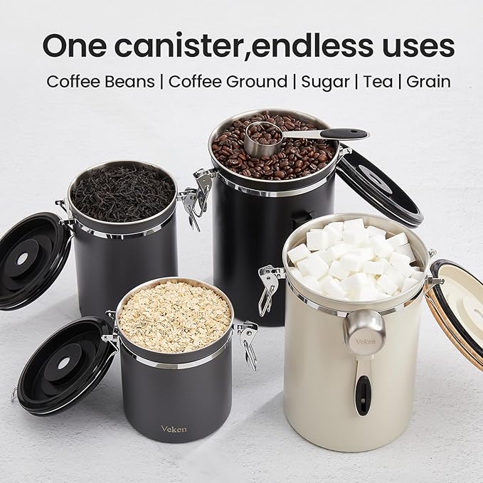 Veken Coffee Canister, Airtight Stainless Steel Kitchen Food Storage Container with Date Tracker and Scoop for Beans, Grounds, Tea, Flour, Cereal, Sugar, 16OZ, Gray
