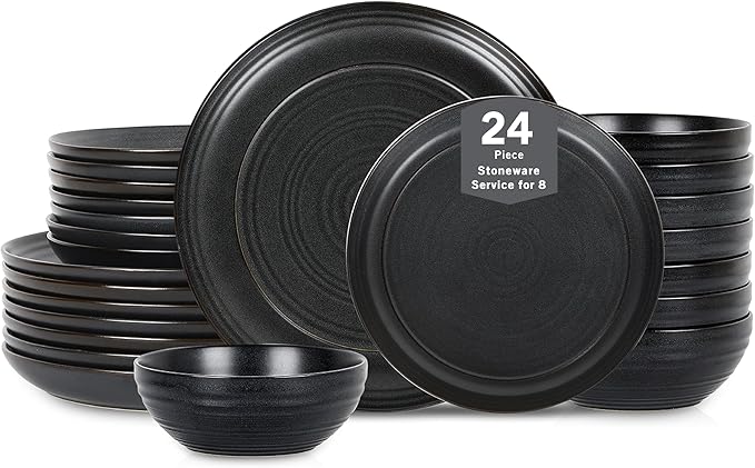 Stone Lain Elio 24-Piece Dinnerware Set Stoneware, Plates and Bowls Set, Dish Set for 8, Black