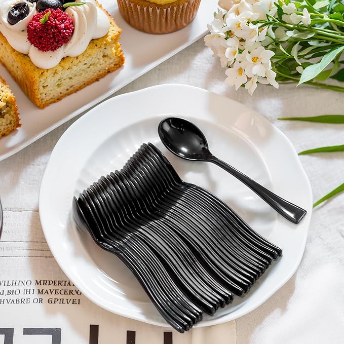 WDF 300 Pieces Black Plastic Mini Spoons-4 Inches Black Plastic Tasting Spoons for Desserts-Heavy Duty Plastic Spoons Perfect for Coffee/Cake/Desserts/Appetizers for New Year/Graduation/Wedding